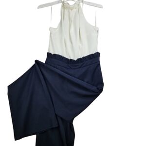 NWT Fasion Nova Mother Of Pearl Jumpsuit Wideleg Off-white/Navy blue Size L